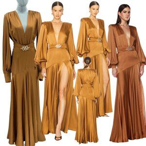 🆕 BRONX & BANCO 🧿 NWOT Carmen Long Sleeve Belted Maxi Gown, Copper, Sz XS US 2